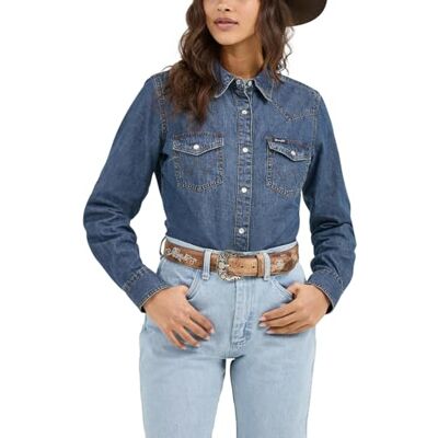 Wrangler Dames Western Denim Snap Shirt met lange mouwen, Donkere Denim, XL Wrangler Dames Western Denim Snap Shirt met lange mouwen, Donkere Denim, XL