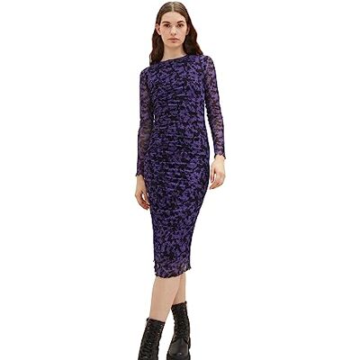 Tom Tailor Denim Damesjurk van mesh met patroon en plooien, 32417 Lila Black Flower Print, L Tom Tailor Denim Damesjurk van mesh met patroon en plooien, 32417 Lila Black Flower Print, L