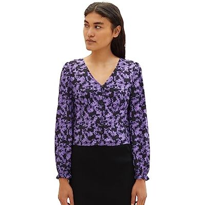 Tom Tailor Denim Cropped damesblouse met patroon, 32417 Lila Black Flower Print, XXL Tom Tailor Denim Cropped damesblouse met patroon, 32417 Lila Black Flower Print, XXL