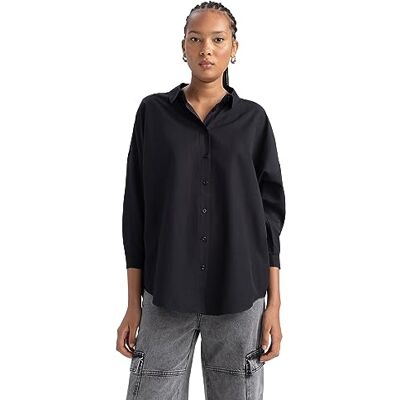 DeFacto Oversized shirt voor dames, lange mouwen, comfortabele tops voor dames, casual shirt met lange mouwen, zwart, M DeFacto Oversized shirt voor dames, lange mouwen, comfortabele tops voor dames, casual shirt met lange mouwen, zwart, M