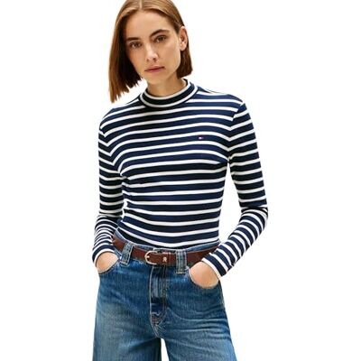 Tommy Hilfiger Dames Slim Cody Mock-NK LS WW0WW47307 L/S T-shirt, blauw, XL, Blauw (Donker Nacht Marine/Ecru Stp), XL Tommy Hilfiger Dames Slim Cody Mock-NK LS WW0WW47307 L/S T-shirt, blauw, XL, Blauw (Donker Nacht Marine/Ecru Stp), XL