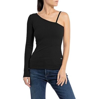 Replay Dames Longsleeve Halfzijdig, 098 Black, L Replay Dames Longsleeve Halfzijdig, 098 Black, L