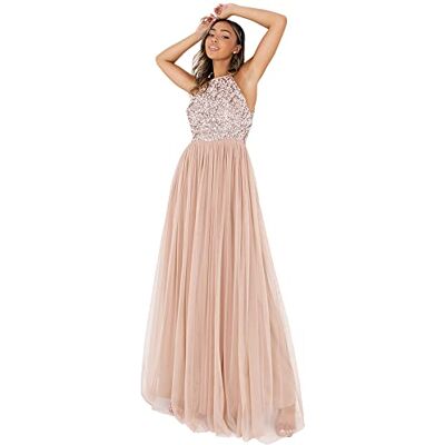Maya Deluxe Vrouwen Maya verfraaid Halter Hals Maxi Jurk Bruidsmeisje, Taupe Blush, 44 NL Maya Deluxe Vrouwen Maya verfraaid Halter Hals Maxi Jurk Bruidsmeisje, Taupe Blush, 44 NL