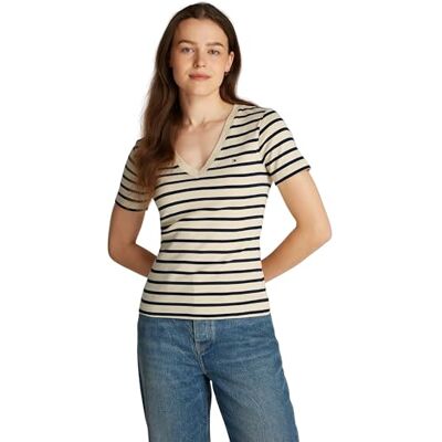 Tommy Hilfiger Dames T-shirt met korte mouwen en V-hals Nieuw Slim Cody T-shirt, Fijn Stp Country Ivoor/Drk N Navy, XXS Tommy Hilfiger Dames T-shirt met korte mouwen en V-hals Nieuw Slim Cody T-shirt, Fijn Stp Country Ivoor/Drk N Navy, XXS