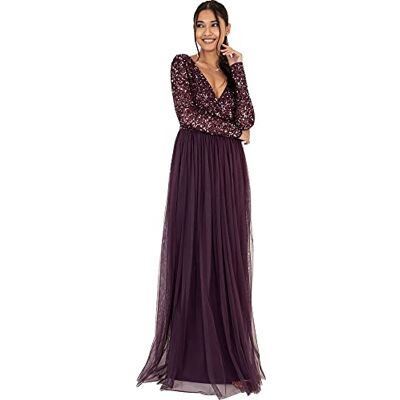 Maya Deluxe Damesjurk voor bruiloften, V-hals, hoge taille, maxi-jurk, lange avondjurk, bruidsmeisjesjurk, Bessen, 40 Maya Deluxe Damesjurk voor bruiloften, V-hals, hoge taille, maxi-jurk, lange avondjurk, bruidsmeisjesjurk, Bessen, 40
