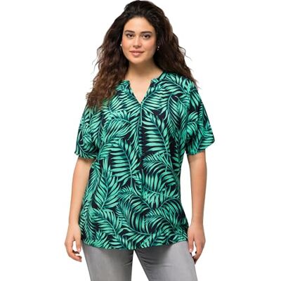 Ulla Popken Dames grote maten grote maten plus size blouse, palmen, A-lijn, V-hals, halflange mouwen, crêpe 829146, marineblauw, 42-44 Ulla Popken Dames grote maten grote maten plus size blouse, palmen, A-lijn, V-hals, halflange mouwen, crêpe 829146, marineblauw, 42-44
