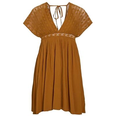 VILA VIAMLINE V-hals S/L korte jurk, Honey Ginger., 38 VILA VIAMLINE V-hals S/L korte jurk, Honey Ginger., 38