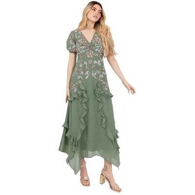 Maya Deluxe Midaxi-jurk voor dames, korte pofmouwen, V-hals, pailletten, versierd met ruches, chiffon, zakdoek, A-lijn, bruiloftsgast, Diep Mint Groen, 44 Maya Deluxe Midaxi-jurk voor dames, korte pofmouwen, V-hals, pailletten, versierd met ruches, chiffon, zakdoek, A-lijn, bruiloftsgast, Diep Mint Groen, 44