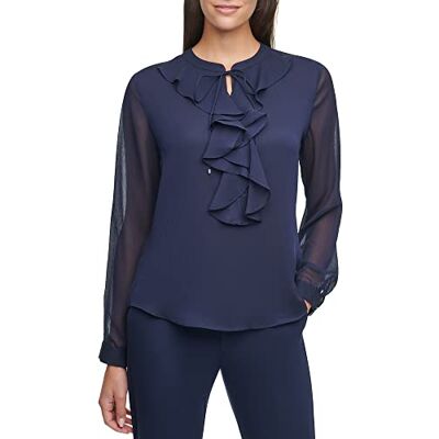 Tommy Hilfiger Klassieke damesblouse met lange mouwen en ruches aan de voorkant, Middernacht, S Tommy Hilfiger Klassieke damesblouse met lange mouwen en ruches aan de voorkant, Middernacht, S