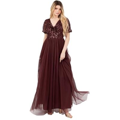 Maya Deluxe Maxi-jurk voor dames, V-hals, korte pofmouwen, pailletten, versierd met twist aan de voorkant, tule A-lijn, bruidsmeisje, baljurk, Cranberry, 38 Maya Deluxe Maxi-jurk voor dames, V-hals, korte pofmouwen, pailletten, versierd met twist aan de voorkant, tule A-lijn, bruidsmeisje, baljurk, Cranberry, 38
