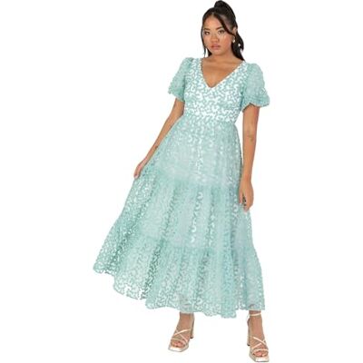 Maya Deluxe Midi-jurk voor dames, V-hals, korte pofmouwen, sleutelgat op de rug, bloemenborduurwerk, strik, A-lijn, voor bruiloft, gast, prom, Munt, 38 Maya Deluxe Midi-jurk voor dames, V-hals, korte pofmouwen, sleutelgat op de rug, bloemenborduurwerk, strik, A-lijn, voor bruiloft, gast, prom, Munt, 38