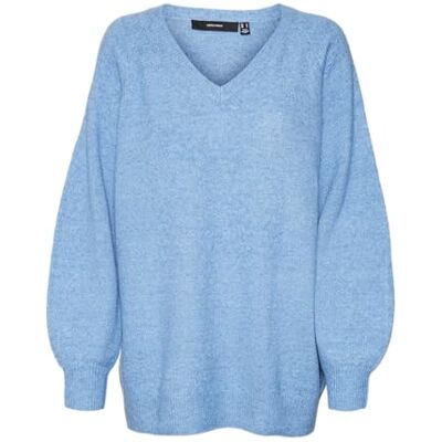VERO MODA Dames Vmleaf Ls lange V-hals pullover eend gebreide trui, Blue Jasper/Detail: w. Melange, S VERO MODA Dames Vmleaf Ls lange V-hals pullover eend gebreide trui, Blue Jasper/Detail: w. Melange, S