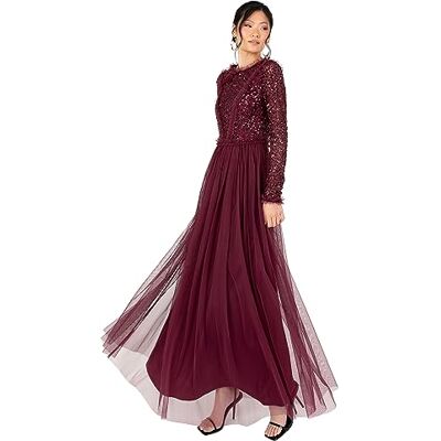 Maya Deluxe Maxi-jurk voor dames, ronde hals, lange mouwen, pailletten, versierd met tule ruches, voor bruiloft, gast, bruidsmeisje, baljurk, Rode Bes, 34 Maya Deluxe Maxi-jurk voor dames, ronde hals, lange mouwen, pailletten, versierd met tule ruches, voor bruiloft, gast, bruidsmeisje, baljurk, Rode Bes, 34
