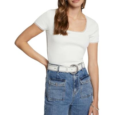 Morgan Dames T-shirt Korte Mouwen Geribbelde Vierkante Halslijn Ecru Maat XS, Gebroken wit, L Morgan Dames T-shirt Korte Mouwen Geribbelde Vierkante Halslijn Ecru Maat XS, Gebroken wit, L