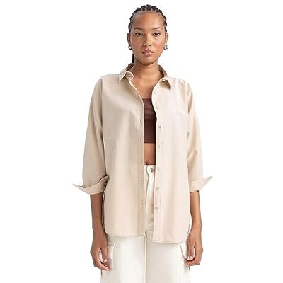 DeFacto Oversized shirt voor dames, lange mouwen, comfortabele tops voor dames, casual shirt met lange mouwen, beige, XS DeFacto Oversized shirt voor dames, lange mouwen, comfortabele tops voor dames, casual shirt met lange mouwen, beige, XS