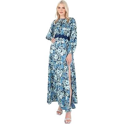 Lovedrobe Maxi-jurk voor dames, lange mouwen, satijn, bloemenkant, rand, ronde hals, empire, A-lijn, bruiloft, gast, avondgelegenheid, blauw, 14, Blauw, 40 Lovedrobe Maxi-jurk voor dames, lange mouwen, satijn, bloemenkant, rand, ronde hals, empire, A-lijn, bruiloft, gast, avondgelegenheid, blauw, 14, Blauw, 40
