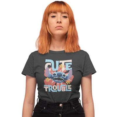 Disney Stitch "Cute Trouble" Dames T-shirt Vintage grafisch T-shirt met Playful Alien Face & Bold Text Retro Hibiscus-stijl met tropische houding, Grijs, XL Disney Stitch "Cute Trouble" Dames T-shirt Vintage grafisch T-shirt met Playful Alien Face & Bold Text Retro Hibiscus-stijl met tropische houding, Grijs, XL
