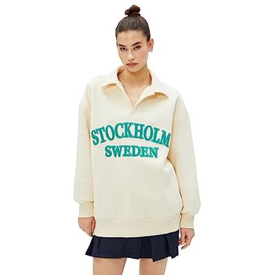 Koton Dames Lange Mouwen Geribbeld Geborduurd Oversized Polo Neck Sweatshirt, 050 (Beige), M Koton Dames Lange Mouwen Geribbeld Geborduurd Oversized Polo Neck Sweatshirt, 050 (Beige), M