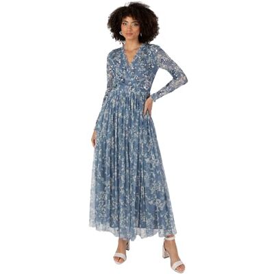 Anaya with Love Midaxi damesjurk, V-hals, wrap met lange mouwen, bloemenpailletten, versierd, voor bruiloft, gastfeest, gelegenheid, blauw, 48 Anaya with Love Midaxi damesjurk, V-hals, wrap met lange mouwen, bloemenpailletten, versierd, voor bruiloft, gastfeest, gelegenheid, blauw, 48