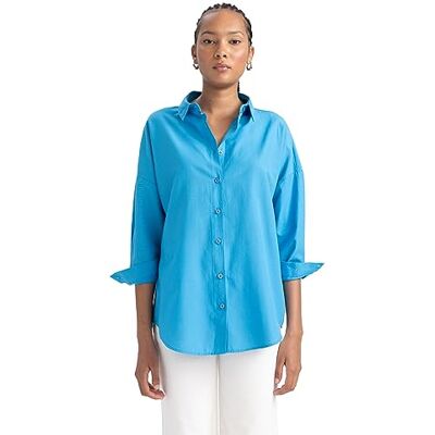 DeFacto Oversized shirt voor dames, lange mouwen, comfortabele tops voor dames, casual shirt met lange mouwen, blauw, M DeFacto Oversized shirt voor dames, lange mouwen, comfortabele tops voor dames, casual shirt met lange mouwen, blauw, M