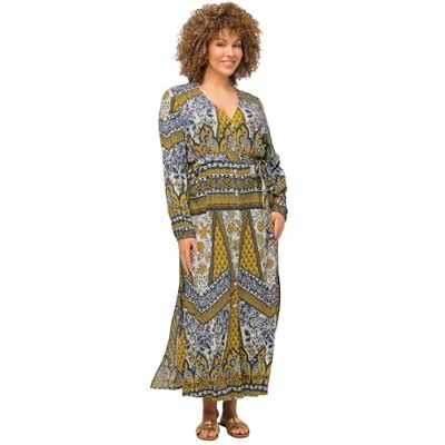 Ulla Popken Maxi-jurk voor dames, modieuze print, V-hals, lange mouwen, sneeuwwit, 50/52 Ulla Popken Maxi-jurk voor dames, modieuze print, V-hals, lange mouwen, sneeuwwit, 50/52