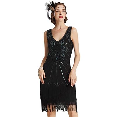 BABEYOND Damesjurk in jaren ’20-retrostijl, flapper, ronde hals, met stijlvolle pailletten, in de stijl van The Great Gatsby, feestjurk, verkleedjurk, zwart, M BABEYOND Damesjurk in jaren ’20-retrostijl, flapper, ronde hals, met stijlvolle pailletten, in de stijl van The Great Gatsby, feestjurk, verkleedjurk, zwart, M