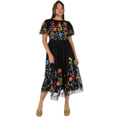 Maya Deluxe Damesjurk, midi-jurk, zwart, korte pofmouwen, ronde hals, bloemen, geborduurd, open rug, A-lijn, gelegenheid evenementenjurk, dames, Zwart, 44 Maya Deluxe Damesjurk, midi-jurk, zwart, korte pofmouwen, ronde hals, bloemen, geborduurd, open rug, A-lijn, gelegenheid evenementenjurk, dames, Zwart, 44