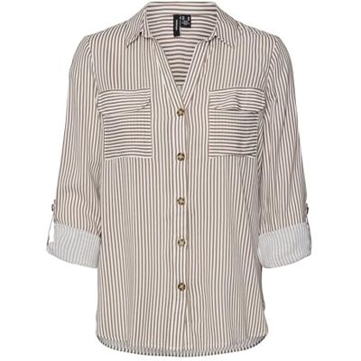 VERO MODA Damesblouse, casual overhemd met borstzakken, regular stretch, 3/4 mouw top, Bruin Lentil/Stripes: sneeuwwit, XXL VERO MODA Damesblouse, casual overhemd met borstzakken, regular stretch, 3/4 mouw top, Bruin Lentil/Stripes: sneeuwwit, XXL