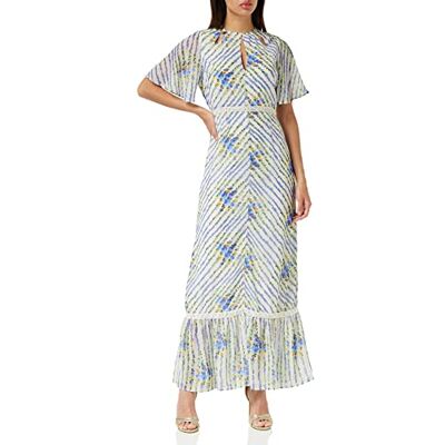 Hope & Ivy De Hedda Maxi-jurk met fladdermouwen voor dames, met kanten rand en halslijn uitgesneden uitsparingen voor speciale gelegenheden, Blauw/Wit, 36 Hope & Ivy De Hedda Maxi-jurk met fladdermouwen voor dames, met kanten rand en halslijn uitgesneden uitsparingen voor speciale gelegenheden, Blauw/Wit, 36