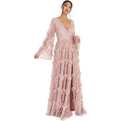 Maya Deluxe Women's Ladies Maxi Dress V Neckline Sequin With Ruffle Empire Waist Slit Split For Prom Ball Bridesmaid Wedding Guest dames Gekleed Maya Deluxe Women's Ladies Maxi Dress V Neckline Sequin With Ruffle Empire Waist Slit Split For Prom Ball Bridesmaid Wedding Guest dames Gekleed