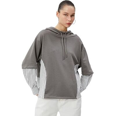 Koton Dames Hooded Long Sleeve Slogan Printed Striped Sweatshirt, grijs (031), XL Koton Dames Hooded Long Sleeve Slogan Printed Striped Sweatshirt, grijs (031), XL