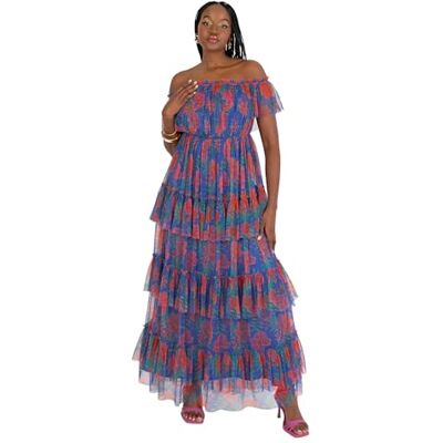 Anaya with Love Maxi-jurk voor dames, off-shoulder, bardot, hals, met ruches, tule, tropische bloemenprint, bruiloft, gala, kobaltblauw, 34, Kobalt Blauw, 32 Anaya with Love Maxi-jurk voor dames, off-shoulder, bardot, hals, met ruches, tule, tropische bloemenprint, bruiloft, gala, kobaltblauw, 34, Kobalt Blauw, 32
