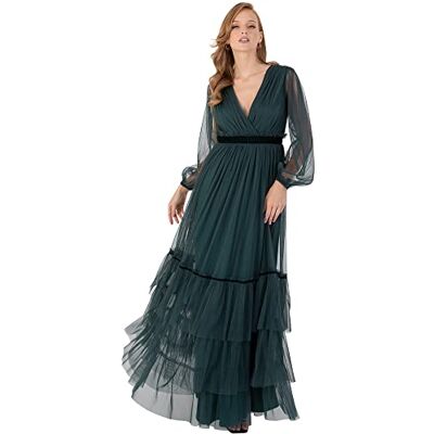 Anaya with Love Damesjurk voor oudejaarsavond V-hals faux wrap lange mouw bisschop hoge taille gelaagd smaragdgroen, Emerald Groen, 36 Anaya with Love Damesjurk voor oudejaarsavond V-hals faux wrap lange mouw bisschop hoge taille gelaagd smaragdgroen, Emerald Groen, 36