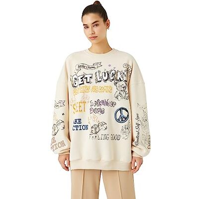 Koton Dames Lange Mouwen Crew Neck Graffiti Bedrukt Oversized Sweatshirt, beige (057), S Koton Dames Lange Mouwen Crew Neck Graffiti Bedrukt Oversized Sweatshirt, beige (057), S