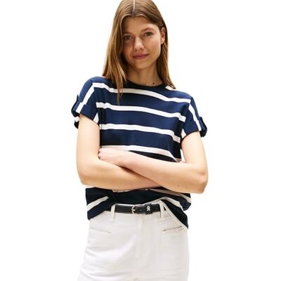 Tommy Hilfiger S/S T-shirt voor dames, Blauw (Donker Nacht Marineblauw/Ivoor Zijde Stp), XXS Tommy Hilfiger S/S T-shirt voor dames, Blauw (Donker Nacht Marineblauw/Ivoor Zijde Stp), XXS