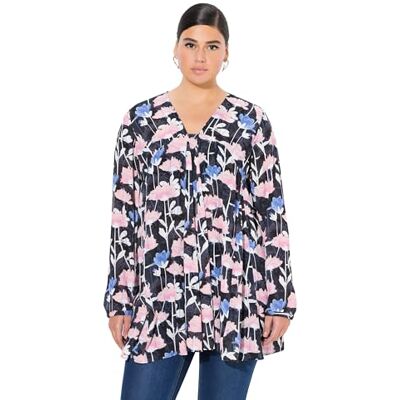 Ulla Popken Blouse, allover-print, A-lijn, carree-hals, lange mouwen, blouses voor dames, Navy Blauw, 56-58 Ulla Popken Blouse, allover-print, A-lijn, carree-hals, lange mouwen, blouses voor dames, Navy Blauw, 56-58