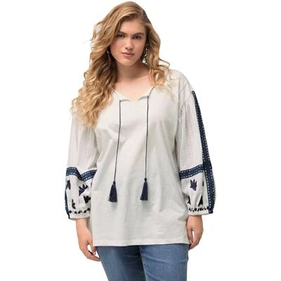 Ulla Popken Damesblouse, tuniekhals, lange mouwen, boese met borduurwerk op de mouwen, sneeuwwit, 46-48 Ulla Popken Damesblouse, tuniekhals, lange mouwen, boese met borduurwerk op de mouwen, sneeuwwit, 46-48