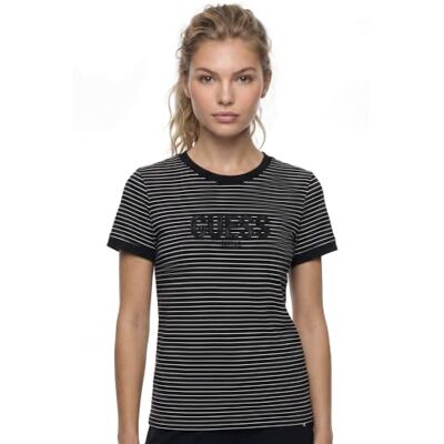 GUESS Women'sSS CN Gummy LACE Logo GestreeptT-shirtsZwart en Crème STRIsize XS Lengte N GUESS Women'sSS CN Gummy LACE Logo GestreeptT-shirtsZwart en Crème STRIsize XS Lengte N