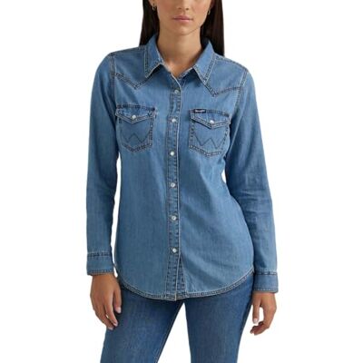 Wrangler Dames Western Denim Snap Shirt met lange mouwen, Midden Denim, M Wrangler Dames Western Denim Snap Shirt met lange mouwen, Midden Denim, M