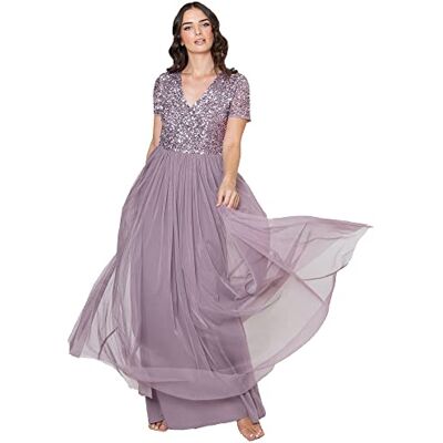 Maya Deluxe Damesjurk voor bruiloftsgast, grote maten, Empire hoge taille, pailletten, korte mouwen, avondbruidsmeisje, Moody Lila, 54 Maya Deluxe Damesjurk voor bruiloftsgast, grote maten, Empire hoge taille, pailletten, korte mouwen, avondbruidsmeisje, Moody Lila, 54