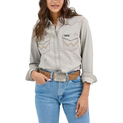 Wrangler Damesblouse met lange mouwen en drukknoopsluiting aan de voorkant, denim we, Grijze Denim, XL Wrangler Damesblouse met lange mouwen en drukknoopsluiting aan de voorkant, denim we, Grijze Denim, XL