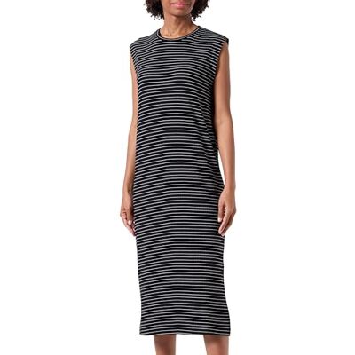 VILA VILUMIRA O-hals S/L MIDI kalf jurk, Zwart/Stripes: eggnog, L VILA VILUMIRA O-hals S/L MIDI kalf jurk, Zwart/Stripes: eggnog, L
