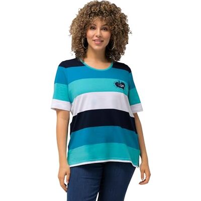 Ulla Popken Klassiek T-shirt voor dames, gestreept, hart, ronde hals, halflange mouwen en borduurwerk, Diep aqua, 46-48 Ulla Popken Klassiek T-shirt voor dames, gestreept, hart, ronde hals, halflange mouwen en borduurwerk, Diep aqua, 46-48