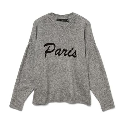 VERO MODA Vmboom Ls O-Neck Text Pullover Noos, Medium grijs (grey melange), S VERO MODA Vmboom Ls O-Neck Text Pullover Noos, Medium grijs (grey melange), S