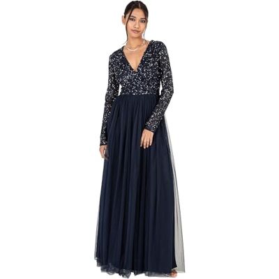 Maya Deluxe Damen Maxi-jurk voor dames, lange mouwen, V-hals, diepe pailletten, verfraaid voor bruiloft, gast, bruidsmeisje, galajurk, A-lijn, 32 Maya Deluxe Damen Maxi-jurk voor dames, lange mouwen, V-hals, diepe pailletten, verfraaid voor bruiloft, gast, bruidsmeisje, galajurk, A-lijn, 32