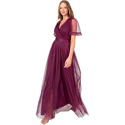 Anaya with Love Dames Maxi Jurk V-hals Korte Mouw Frilly Lange Empire Taille Voor Bruiloft Gast Bruidsmeisje Maid of Honor, Pruim, 36 Anaya with Love Dames Maxi Jurk V-hals Korte Mouw Frilly Lange Empire Taille Voor Bruiloft Gast Bruidsmeisje Maid of Honor, Pruim, 36