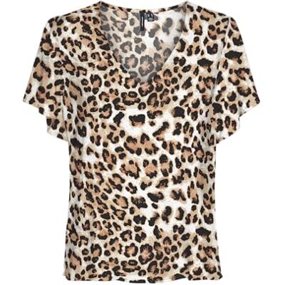 VERO MODA Vmeasy Joy V-Neck Ss Blouse WVN Ga Top voor dames, Tan/Aop: leo, M VERO MODA Vmeasy Joy V-Neck Ss Blouse WVN Ga Top voor dames, Tan/Aop: leo, M