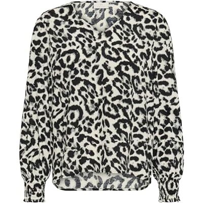 KAFFE Damesblouse met V-hals, regular fit, bedrukt, lange mouwen, heuplengte, Wit/Zwart Luipaard, 38 KAFFE Damesblouse met V-hals, regular fit, bedrukt, lange mouwen, heuplengte, Wit/Zwart Luipaard, 38