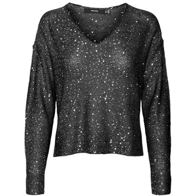 VERO MODA VMLEILANI New LS V-hals pullover, Zwart/Detail:w. Silver Sequins, S VERO MODA VMLEILANI New LS V-hals pullover, Zwart/Detail:w. Silver Sequins, S