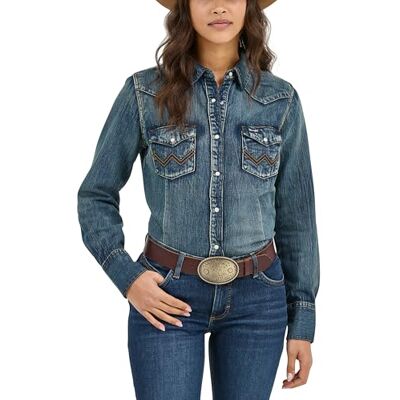 Wrangler Damesblouse met lange mouwen en drukknoopsluiting aan de voorkant, denim we, Denim, XL Wrangler Damesblouse met lange mouwen en drukknoopsluiting aan de voorkant, denim we, Denim, XL